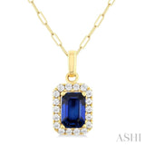 6x4 MM Octagonal Shape Sapphire and 1/6 Ctw Round Cut Diamond Halo Precious Pendant with Chain in 10K Yellow Gold