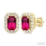 5x3 MM Octagonal Shape Pink Tourmaline and 1/8 Ctw Single Cut Diamond Halo Semi-Precious Stud Earrings in 10K Yellow Gold
