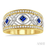 2.2&2.6 MM Princess Cut Sapphire and 1/3 Ctw Round Cut Diamond Precious Band in 14K Yellow and White Gold