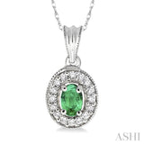 6x4 MM Oval Cut Emerald and 1/5 Ctw Round Cut Diamond Pendant in 14K White Gold with Chain