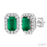 5x3 MM Octagonal Shape Emerald and 1/8 Ctw Single Cut Diamond Halo Precious Stud Earrings in 10K White Gold