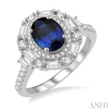 8x6 MM Oval Shape Sapphire and 3/4 Ctw Baguette and Round Cut Diamond Precious Ring in 14K White Gold