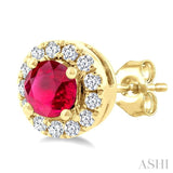 3.25 MM Round Ruby and 1/10 Ctw Single Cut Diamond Halo Precious Stud Earrings in 14K Yellow Gold