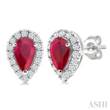 5x3 MM Pear Shape Ruby and 1/8 Ctw Single Cut Diamond Halo Precious Stud Earrings in 10K White Gold