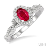 6x4 MM Oval Shape Center Stone Ruby and 1/5 Ctw Split Entwined Shank Round Cut Diamond Precious Ring in 10K White Gold