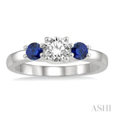 3.50 MM Round Shape Sapphire and 3/8 Ctw Past, Present and Future Round Cut Diamond Precious Ring in 14K White Gold
