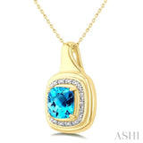 8 MM Cushion Shape Blue Topaz and 1/20 Ctw Round Cut Diamond Semi-Precious Pendant With Chain in Yellow Gold Vermeil
