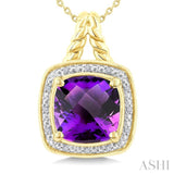 10 MM Cushion Shape Amethyst and 1/20 Ctw Round Cut Diamond Semi-Precious Pendant With Chain in Yellow Gold Vermeil