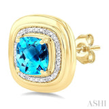6 MM Cushion Shape Blue Topaz and 1/20 Ctw Round Cut Diamond Semi-Precious Earrings in Yellow Gold Vermeil