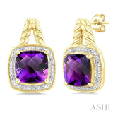 8 MM Cushion Shape Amethyst and 1/20 Ctw Round Cut Diamond Semi-Precious Earrings in Yellow Gold Vermeil