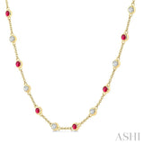 2.4 MM Round Shape Ruby and 7/8 Ctw Round Cut Diamond Precious Station Necklace in 14K Yellow Gold