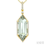22X8 MM Evoque Gemstone Hexagon Shape Green Amethyst and 1/6 Ctw Round Cut Diamond Semi-Precious Pendant With Chain in 14K Yellow Gold
