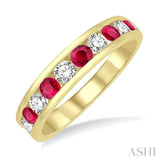 2.9 MM Round Shape Ruby and 1/2 Ctw Round Cut Diamond Precious Wedding Band in 14K Yellow Gold