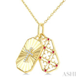1 MM Round Ruby and 1/50 Ctw Fluted Texture & Cross Round Cut Diamond  Precious Pendant With Chain in 10K Yellow Gold
