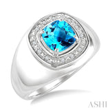 8 MM Cushion Shape Blue Topaz and 1/20 Ctw Round Cut Diamond Semi-Precious Ring in Sterling Silver