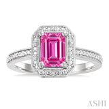 7X5 MM Octagon Shape Lab-Created Pink Sapphire and 1/50 Ctw Round Cut Diamond Precious Ring in Sterling Silver