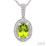 7X5 MM Oval Shape Peridot and 1/50 Ctw Round Cut Diamond Semi-Precious Pendant With Chain in Sterling Silver