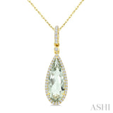 16X6 MM Evoque Gemstone Pear Shape Green Amethyst and 1/5 Ctw Round Cut Diamond Semi-Precious Pendant With Chain in 10K Yellow Gold