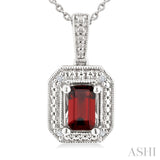 7X5 MM Octagon Shape Garnet and 1/50 Ctw Round Cut Diamond Semi-Precious Pendant With Chain in Sterling Silver