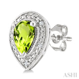 6X4 MM Pear Shape Peridot and 1/50 Ctw Round Cut Diamond Semi-Precious Earrings in Sterling Silver