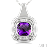 8 MM Cushion Shape Amethyst and 1/20 Ctw Round Cut Diamond Bold Semi-Precious Pendant With Chain in Sterling Silver