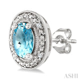 6X4 MM Oval Shape Aquamarine and 1/50 Ctw Round Cut Diamond Semi-Precious Earrings in Sterling Silver