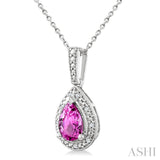 7X5 MM Pear Shape Lab-Created Pink Sapphire and 1/50 Ctw Round Cut Diamond Precious Pendant With Chain in Sterling Silver