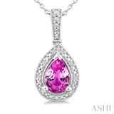 7X5 MM Pear Shape Lab-Created Pink Sapphire and 1/50 Ctw Round Cut Diamond Precious Pendant With Chain in Sterling Silver