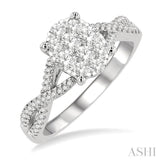 5/8 Ctw Oval Shape Center Split Criss Cross Shank Lovebright Round Cut Diamond Engagement Ring in 14K White Gold