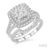 1 3/8 Ctw Lovebright Round Cut Diamond Wedding Set With 1 1/6 Ctw Cushion Shape Engagement Ring and 1/4 Ctw Scooped Wedding Band in 14K White Gold