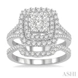 1 3/8 Ctw Lovebright Round Cut Diamond Wedding Set With 1 1/6 Ctw Cushion Shape Engagement Ring and 1/4 Ctw Scooped Wedding Band in 14K White Gold
