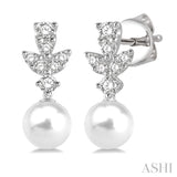 8 MM Cultured Pearls and 1/4 Ctw Round Cut Diamond Earrings in 14K White Gold