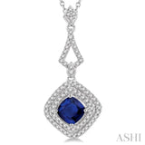 5X5 MM Cushion Shape Sapphire and 1/5 Ctw Round Cut Diamond Precious Pendant With Chain in 14K White Gold