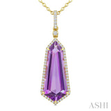 22X9 MM Evoque Gemstones Shield Shape Amethyst and 1/4 Ctw Round Cut Diamond Semi-Precious Pendant With Chain in 14K Yellow Gold