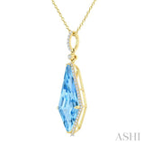 22X9 MM Evoque Gemstones Kite Shape Blue Topaz and 1/4 Ctw Round Cut Diamond Semi-Precious Pendant With Chain in 14K Yellow Gold