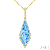 22X9 MM Evoque Gemstones Kite Shape Blue Topaz and 1/4 Ctw Round Cut Diamond Semi-Precious Pendant With Chain in 14K Yellow Gold