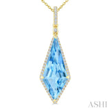 22X9 MM Evoque Gemstones Kite Shape Blue Topaz and 1/4 Ctw Round Cut Diamond Semi-Precious Pendant With Chain in 14K Yellow Gold