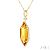 22X8 MM Evoque Gemstone Hexagon Shape Citrine and 1/4 Ctw Round Cut Diamond Semi-Precious Pendant With Chain in 14K Yellow Gold