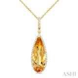 22X8 MM Evoque Gemstone Pear Shape Citrine and 1/4 Ctw Round Cut Diamond Semi-Precious Pendant With Chain in 14K Yellow Gold