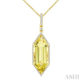 22X8 MM Evoque Gemstones Hexagon Shape Lemon Quartz and 1/4 Ctw Round Cut Diamond Semi-Precious Pendant With Chain in 14K Yellow Gold