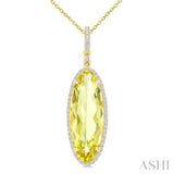 22X8 MM Evoque Gemstones Oval Shape Lemon Quartz and 1/4 Ctw Round Cut Diamond Semi-Precious Pendant With Chain in 14K Yellow Gold