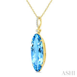 22X8 MM Evoque Gemstones Oval Shape Blue Topaz and 1/20 Ctw Round Cut Diamond Semi-Precious Pendant With Chain in 14K Yellow Gold