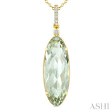 22X8 MM Evoque Gemstone Oval Shape Green Amethyst and 1/20 Ctw Round Cut Diamond Semi-Precious Pendant With Chain in 14K Yellow Gold
