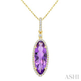 16X6 MM Evoque Gemstones Oval Shape Amethyst and 1/5 Ctw Round Cut Diamond Semi-Precious Pendant With Chain in 10K Yellow Gold