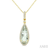 16X6 MM Evoque Gemstone Pear Shape Green Amethyst and 1/5 Ctw Round Cut Diamond Semi-Precious Pendant With Chain in 10K Yellow Gold