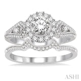 3/4 ctw Diamond Wedding Set with 5/8 ctw Round Cut Engagement Ring and 1/10 ctw Wedding Band in 14K White Gold