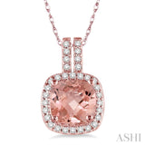 7x7 MM Cushion Shape Morganite and 1/5 Ctw Round Cut Diamond Pendant in 14K Rose Gold with Chain