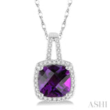 8x8 MM Cushion Shape Amethyst and 1/5 ctw Round Cut Diamond Pendant in 10K White Gold with Chain