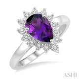 9x6 MM Pear Shape Amethyst and 1/10 ctw Round Cut Diamond Semi Precious Ring in 10K White Gold