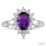 9x6 MM Pear Shape Amethyst and 1/10 ctw Round Cut Diamond Semi Precious Ring in 10K White Gold